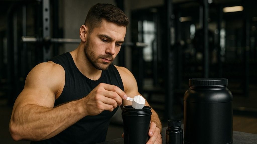 homme avec un shaker de bcaa dans une salle de sport pendant son entrainement