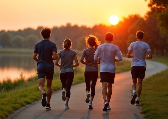 groupe de personnes courant au soleil couchant dans la campagne