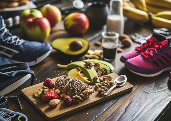 repas sain avec aliments équilibrés et paire de chaussures de course